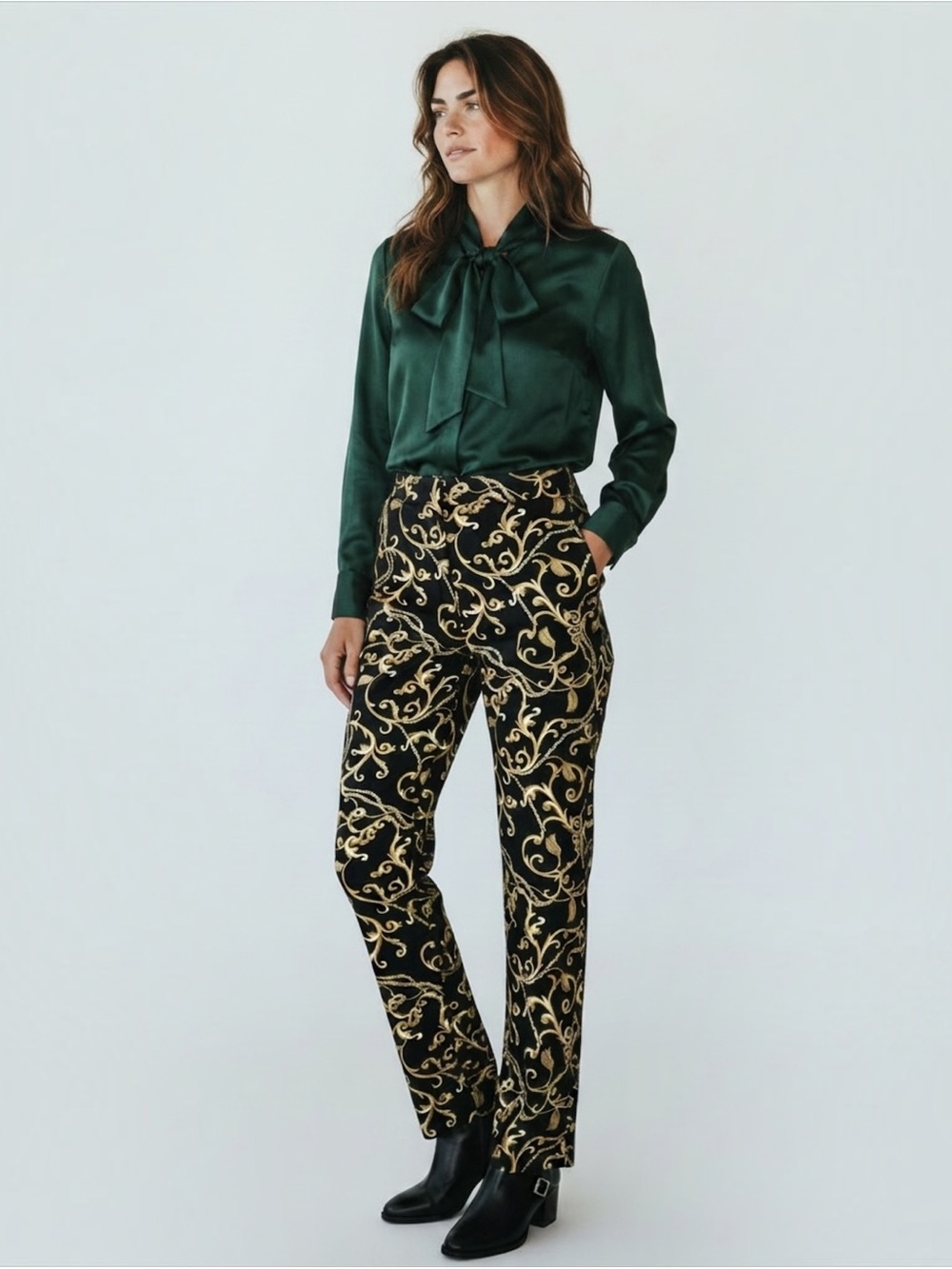 Chico's So Slimming Juliet Slim Leg Pants - Black & Gold Baroque Scroll Print